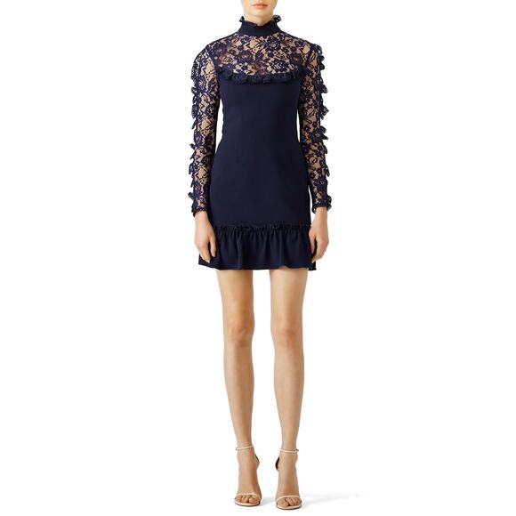 Nicholas Navy Blue Ruffle Trim Lace Long Sleeve Mini Dress Size 2 - Picture 1 of 14